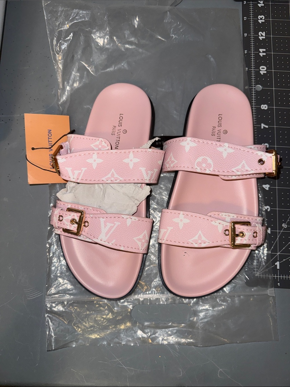 Louis Vuitton Pink Monogram Double-Buckle Slide Sandals